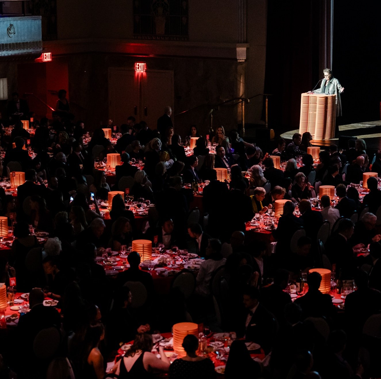 View of gala stage and audience during the Interior Design Hall of Fame ceremony.