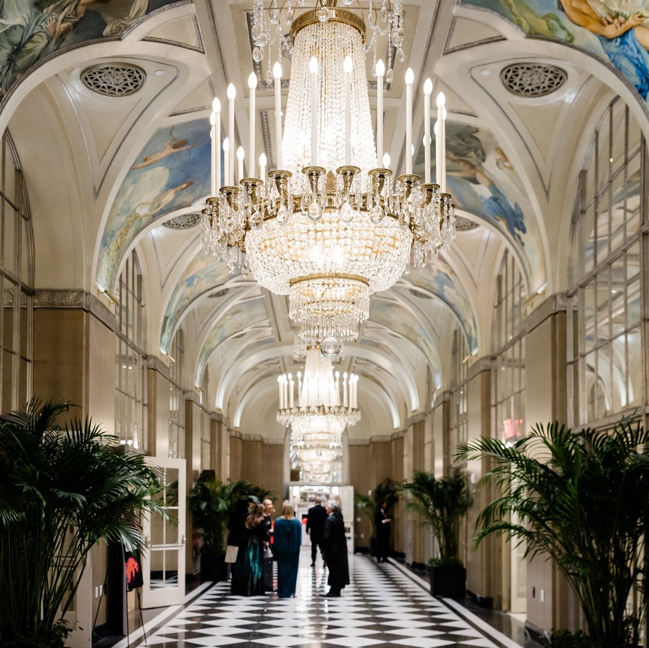 Ornate lobby with chandeliers at the Interior Design Hall of Fame venue.
